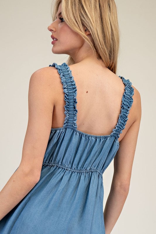 Denim Tiered Mini Dress With Ruffle Straps