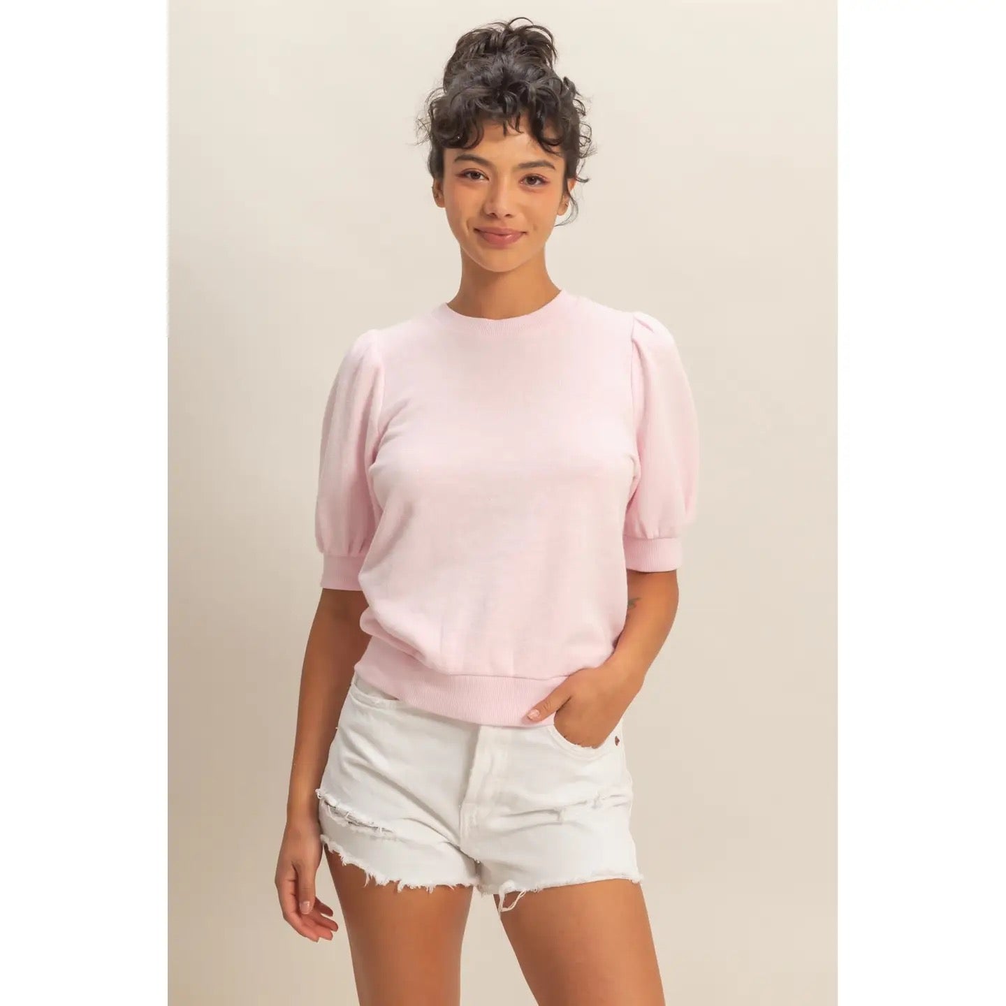 Pink Puff Sleeve Crew Neck Top