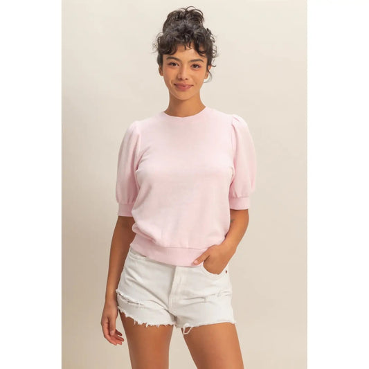 Pink Puff Sleeve Crew Neck Top