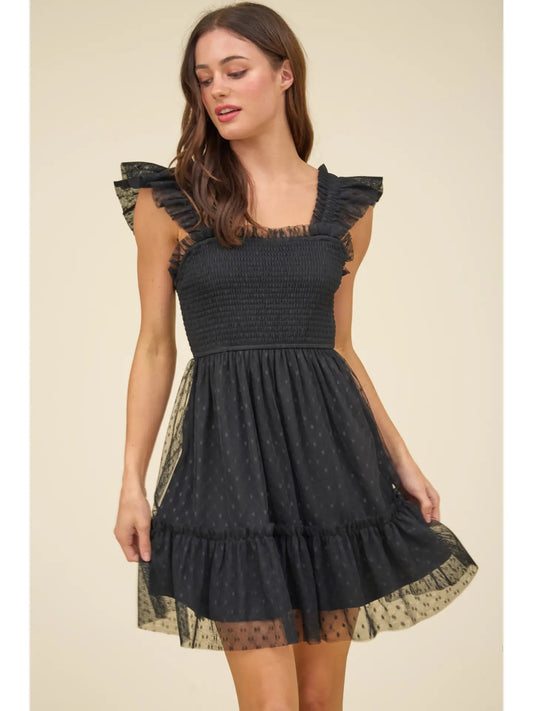 Polka Dot Chiffon Smocked Ruffle Detail Mini Dress