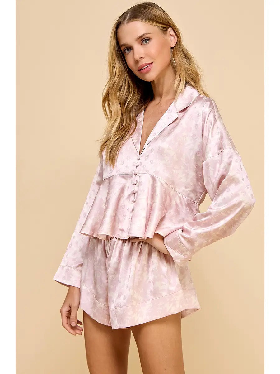 Pink Floral Print Satin Peplum Top Pajama Set