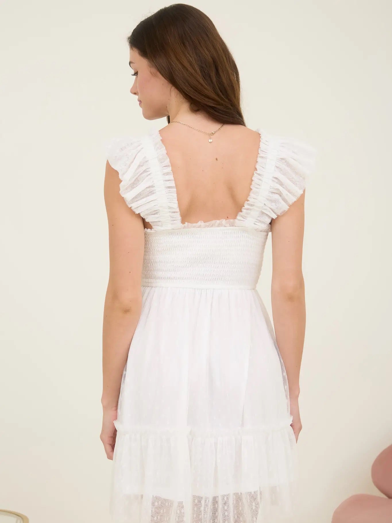 Polka Dot Chiffon Smocked Ruffle Detail Mini Dress