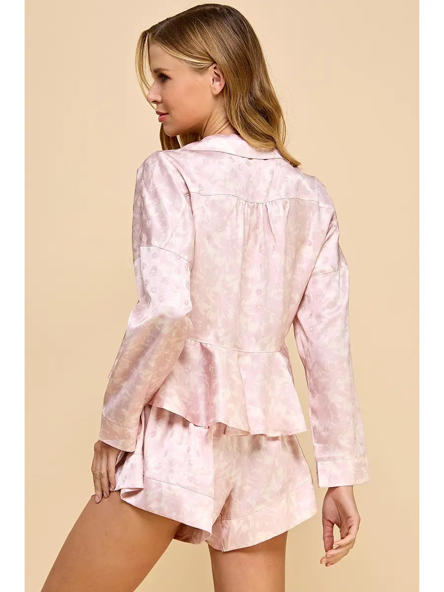 Pink Floral Print Satin Peplum Top Pajama Set