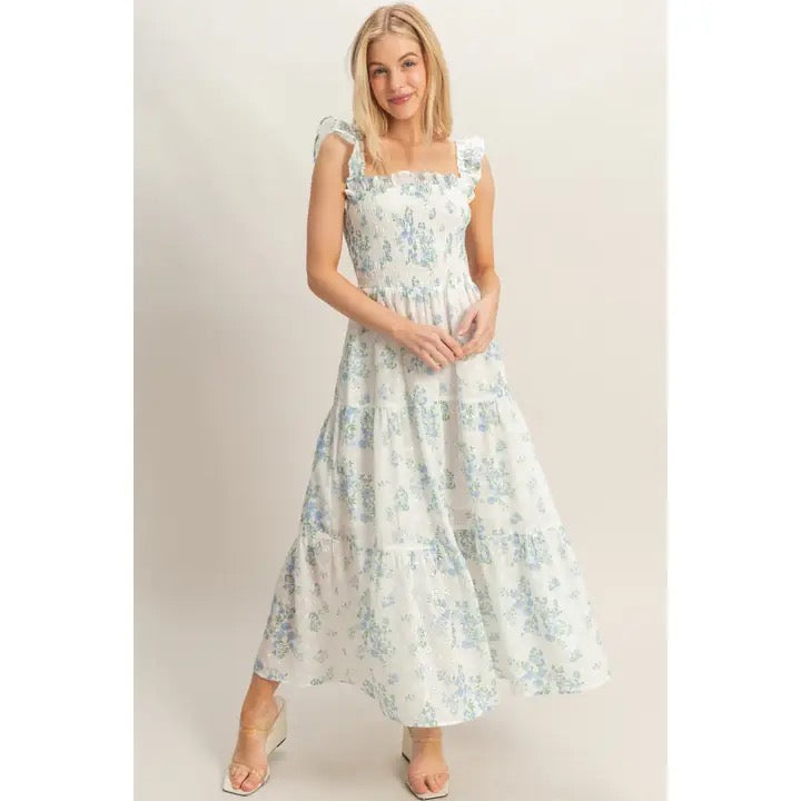 Blue Floral Ruffle Strap Dress