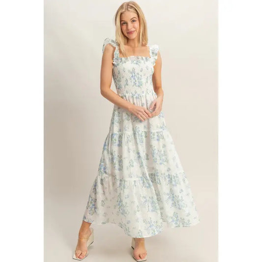 Blue Floral Ruffle Strap Dress
