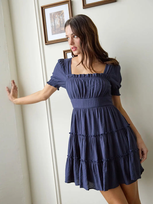 Square Neck Smocked Detail Tiered Mini Dress