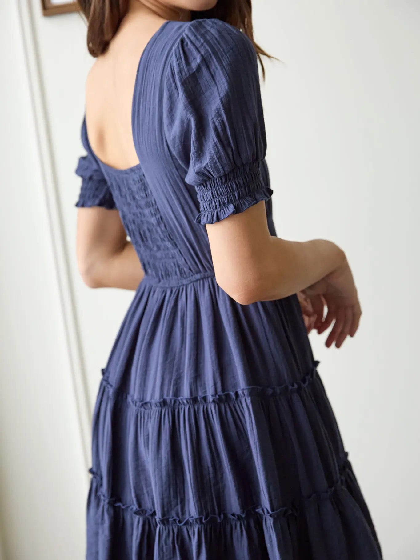 Square Neck Smocked Detail Tiered Mini Dress