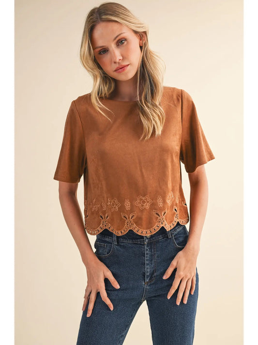 Suede Border Cutout Short Sleeve Top