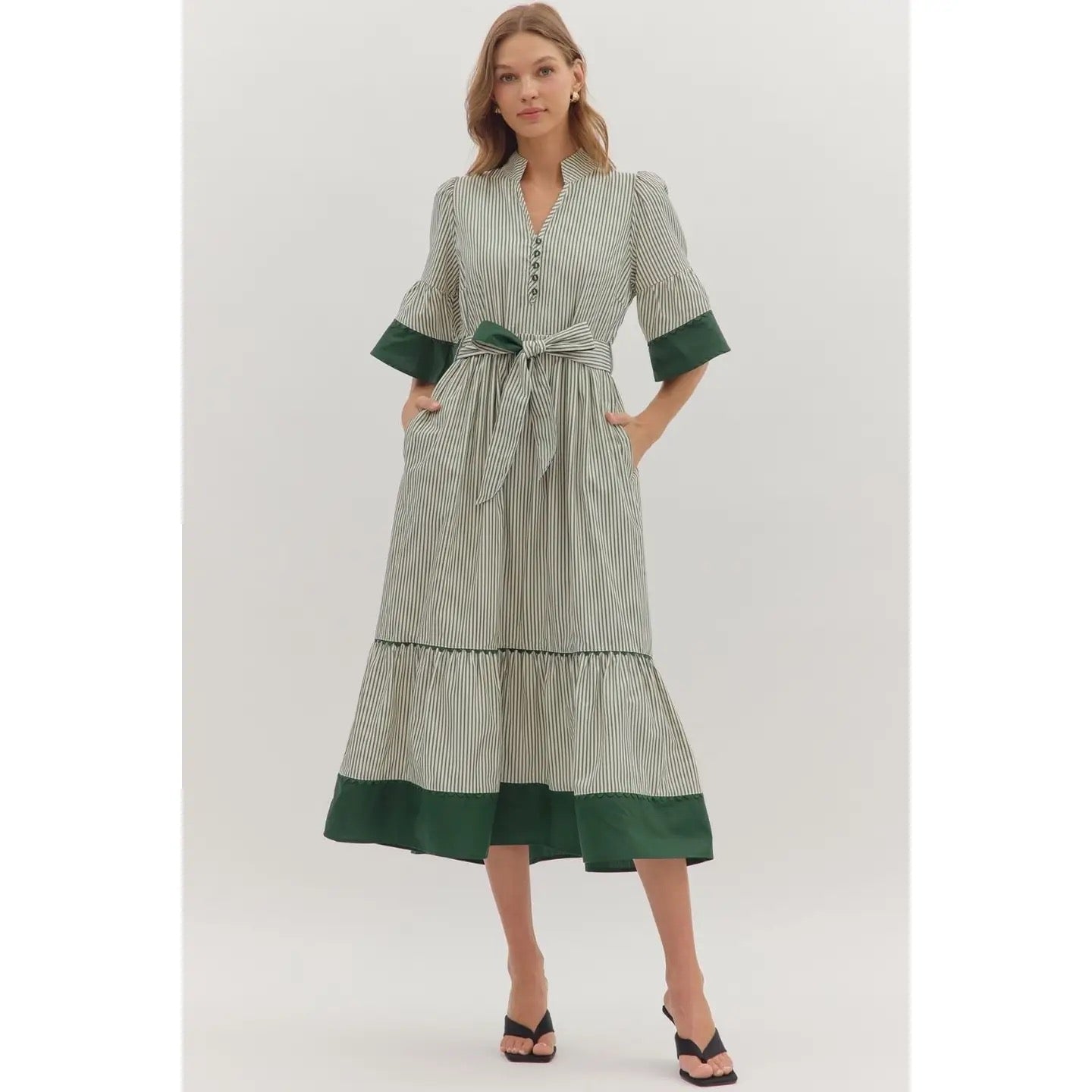 Green Striped Short Puff Sleeve Midi Dress