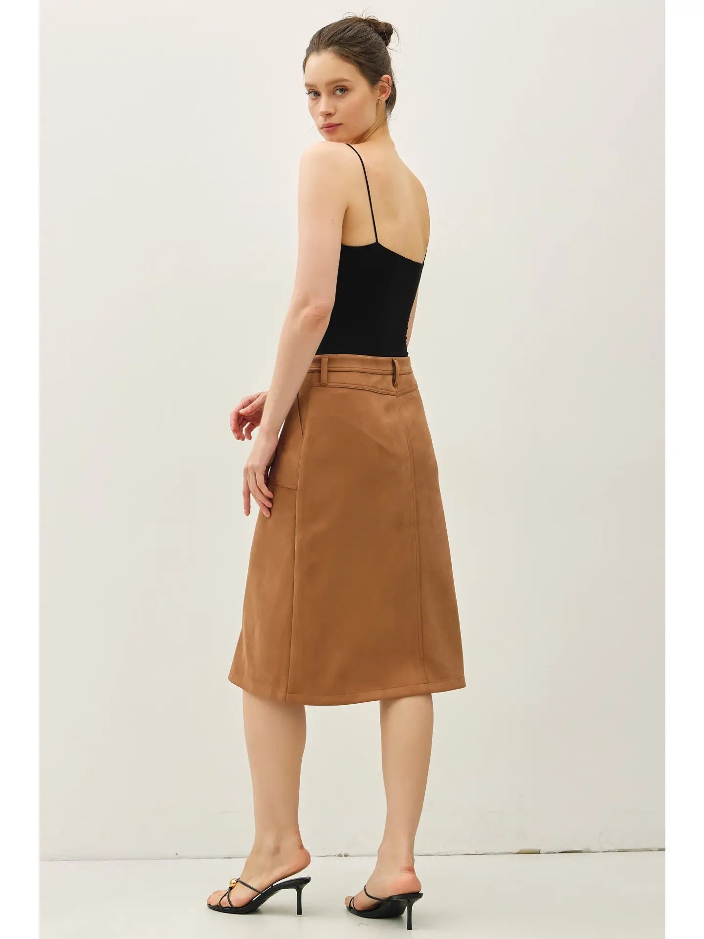 Caramel Buttery Suede Paneled Midi Skirt