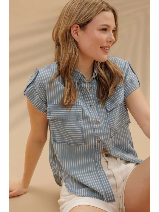 Stripe Button Down Tab Sleeve Chambray Shirt