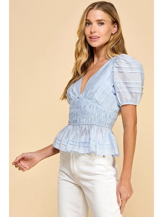 Baby Blue Smocked Waist Puff Sleeve Top