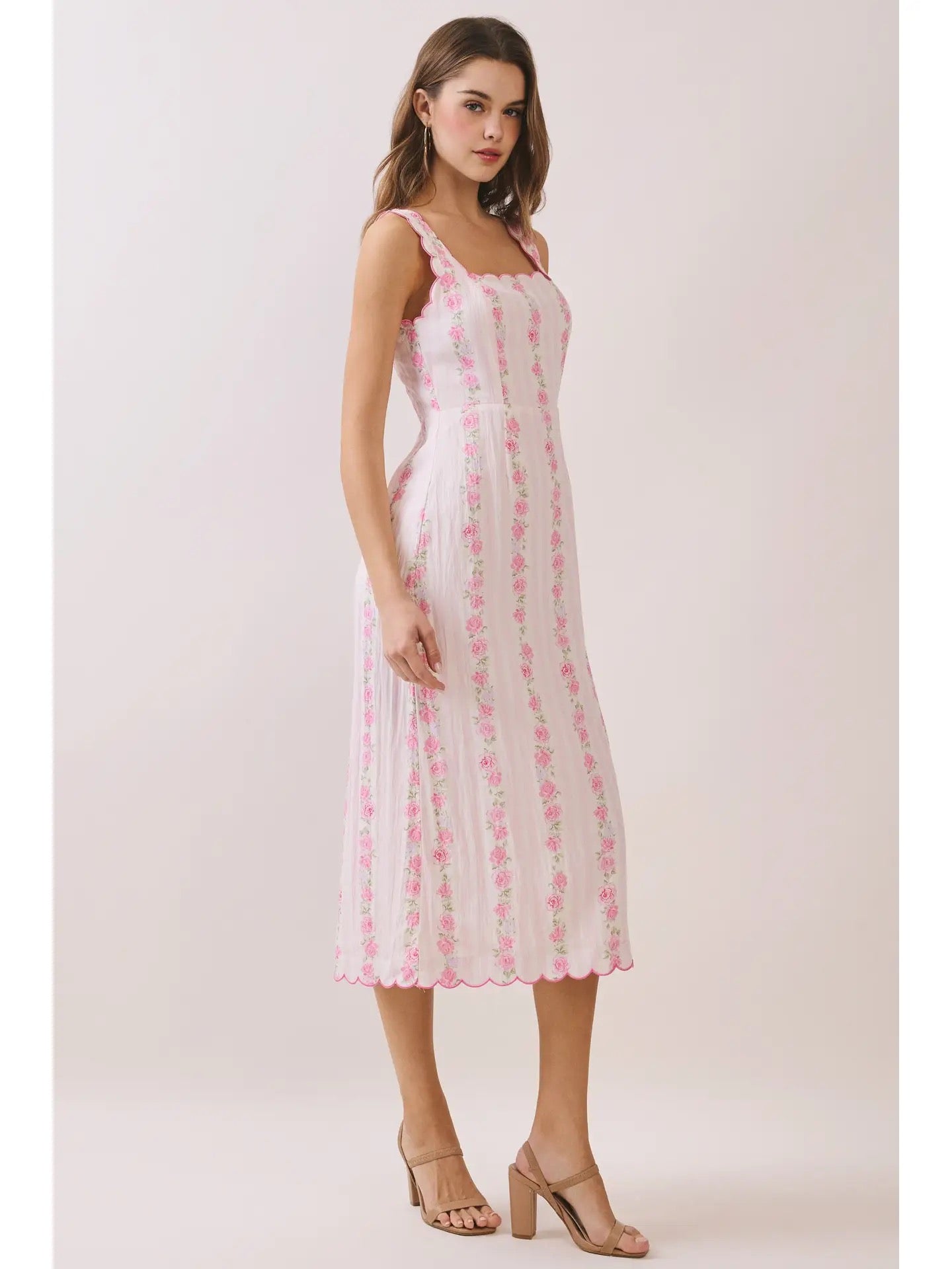 Pink Floral Scalloped Detail Dress