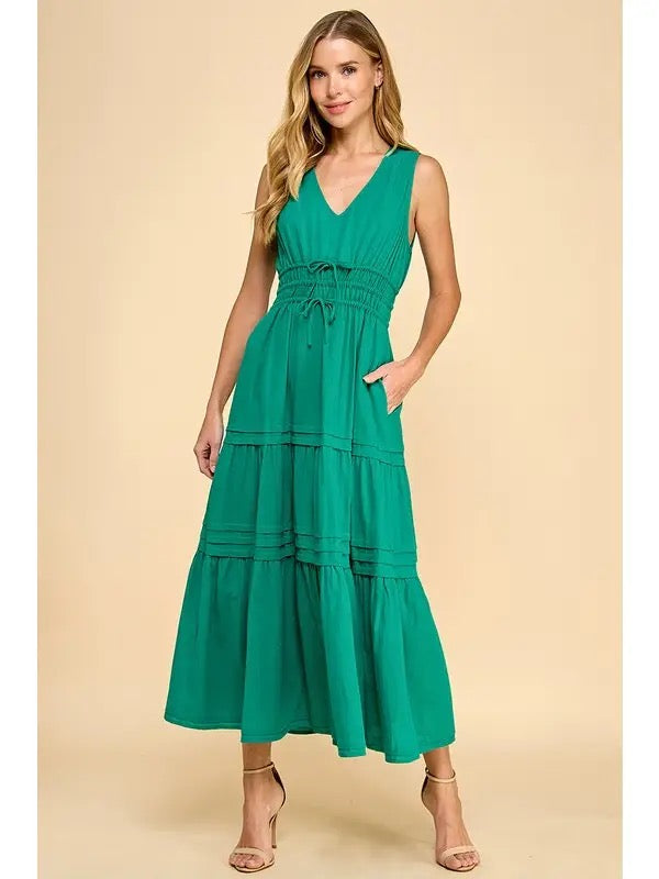 Green V-Neck  Midi Dress