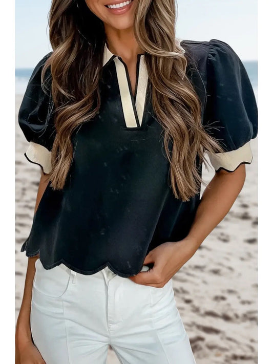Collared V Neck Scallop Edge Blouse
