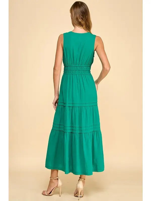 Green V-Neck  Midi Dress