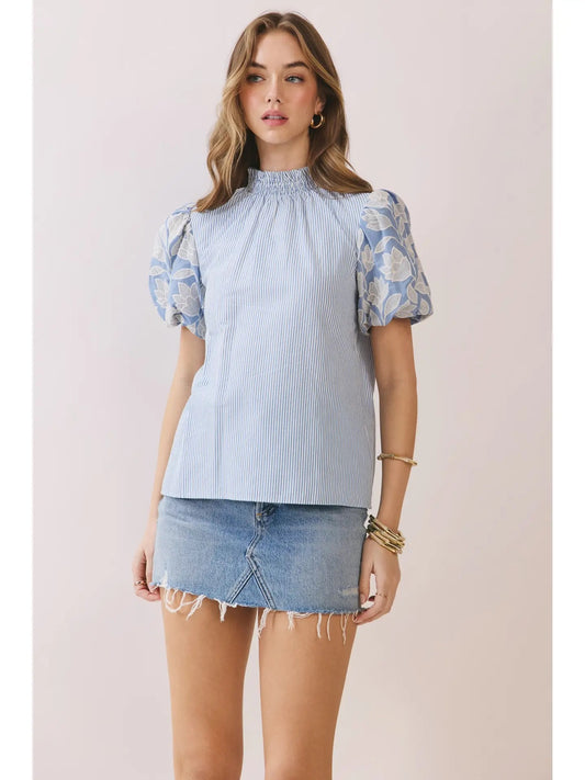 Blue Striped Puff Sleeve To with Smocked Neckline
