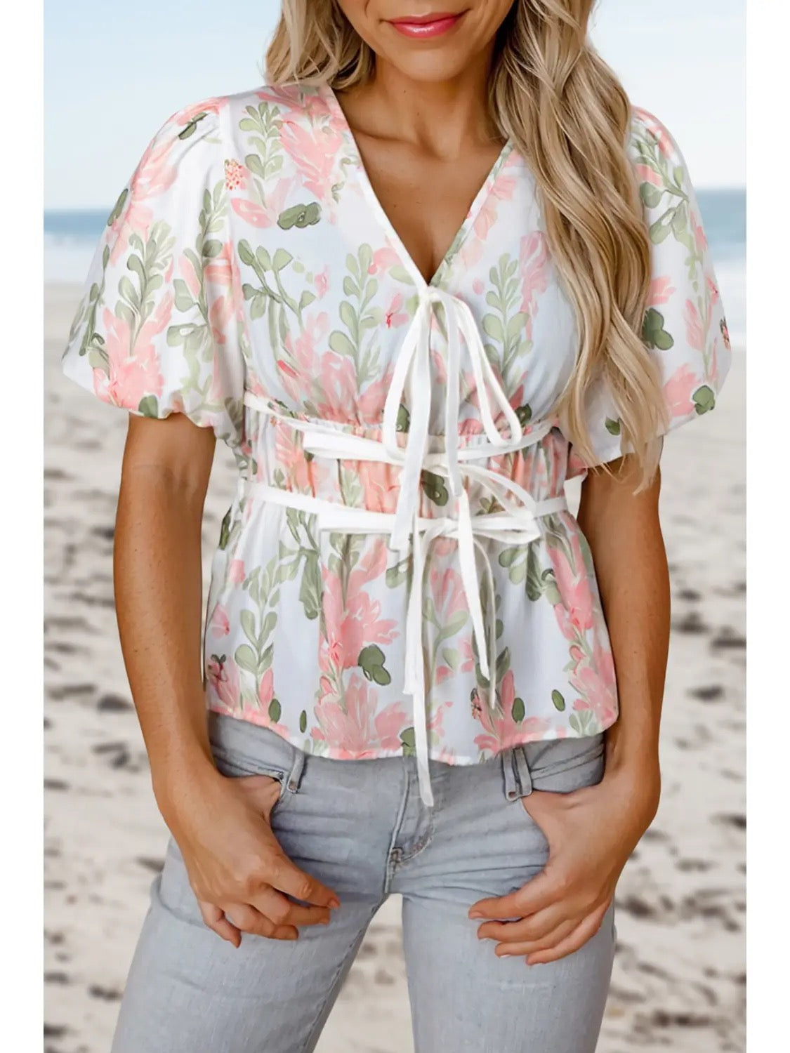 Floral Puff Sleeve Tie Front Blouse