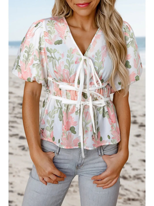 Floral Puff Sleeve Tie Front Blouse