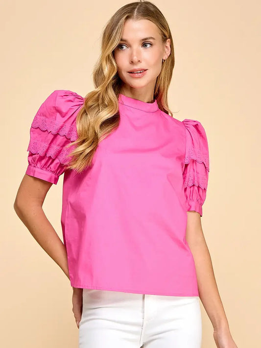 Puff Sleeve Lace Detail Poplin Top