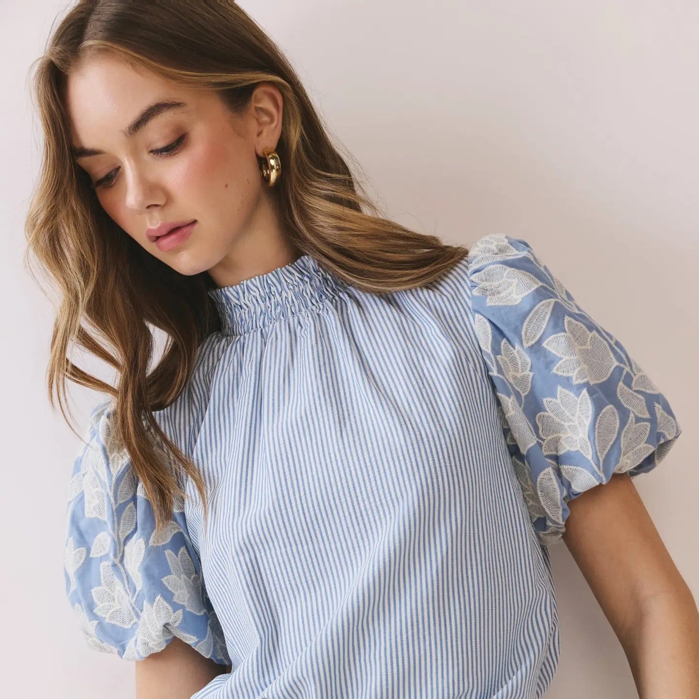 Blue Striped Puff Sleeve To with Smocked Neckline