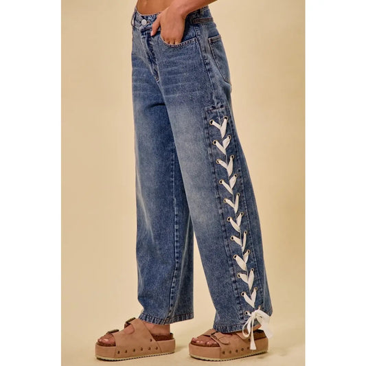 Mid Rise Straight Leg Side Lace Up Jeans