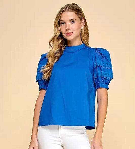 Puff Sleeve Lace Detail Poplin Top