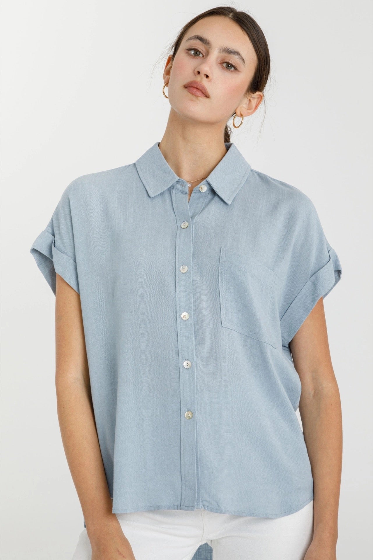 Chambray Short Sleeve Button Down Top