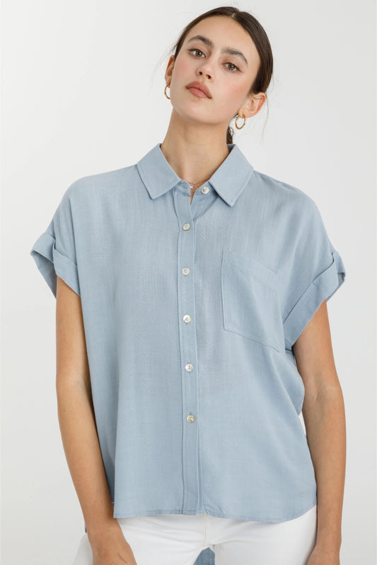 Chambray Short Sleeve Button Down Top