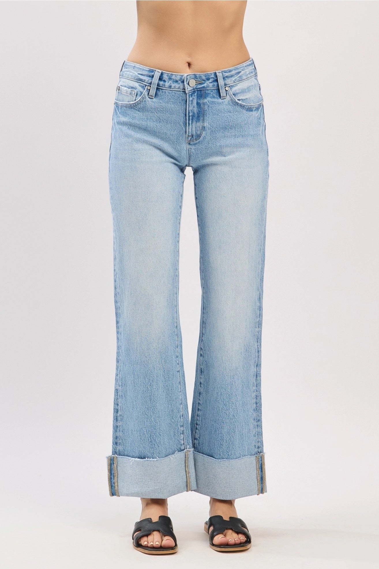 Petra Mid Rise Comfort Relaxed Flare Cuffed Hem Jeans