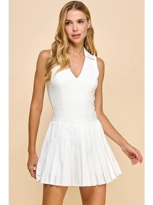 White V Neck Collared Athletic Dress