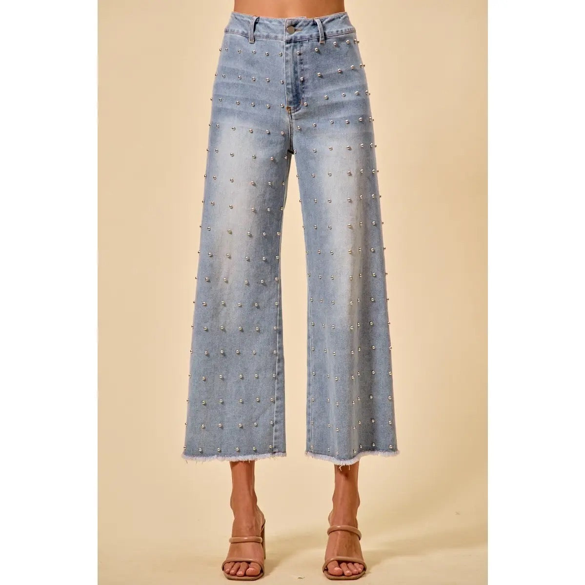 Mid Rise Studded Denim Wide Leg Jeans