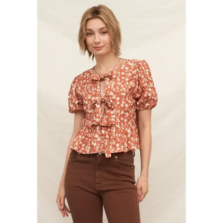 Floral Print Brown Ivory Peplum Ribbon