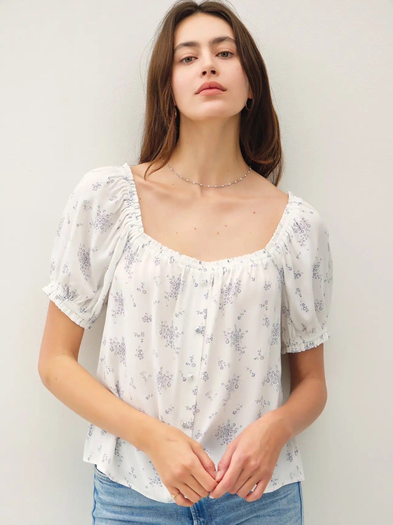 White Floral Printed Button Up Breezy Top