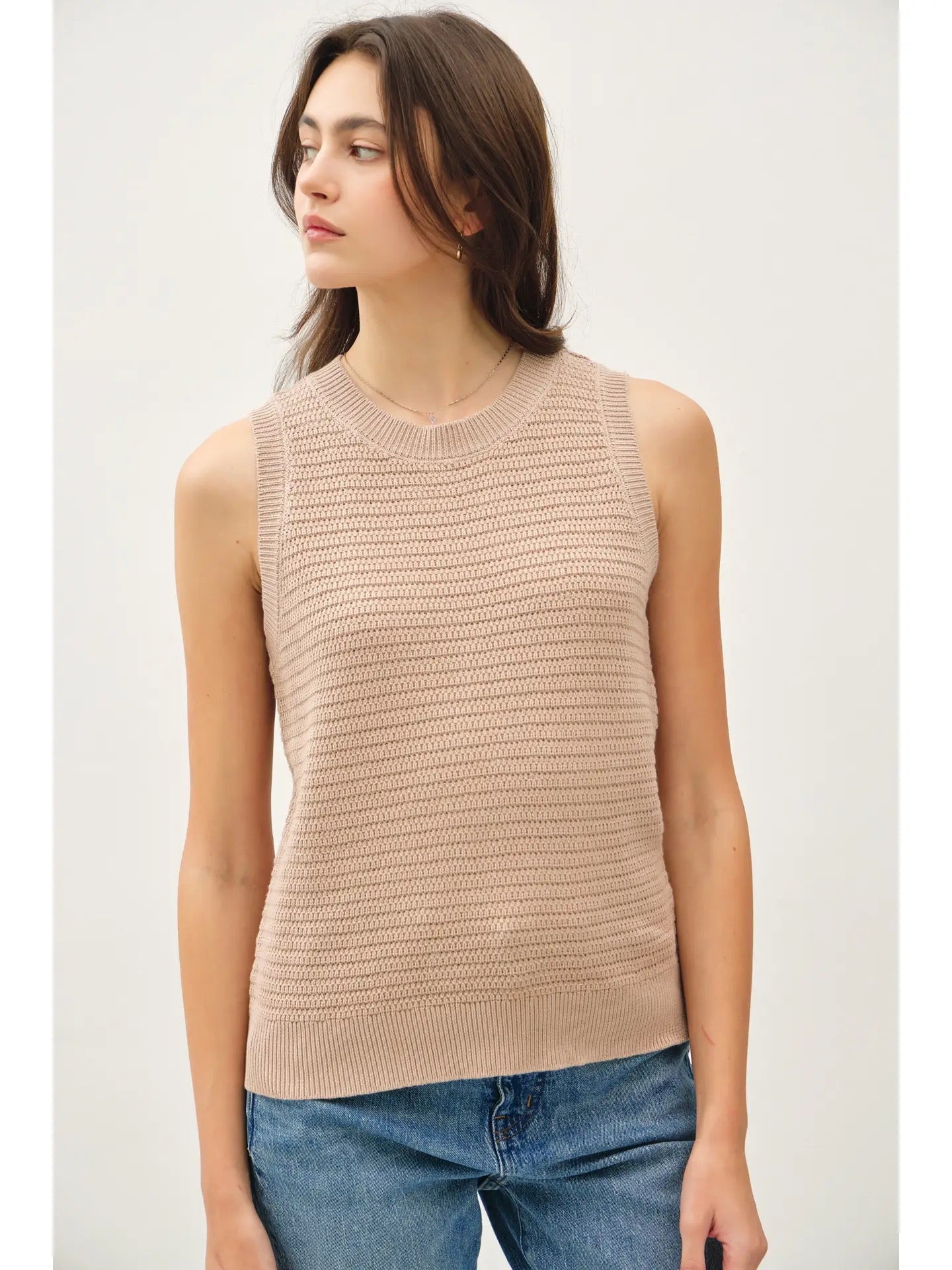 Taupe Round Neck Relaxed Fit Ribbed Sweater Tank
