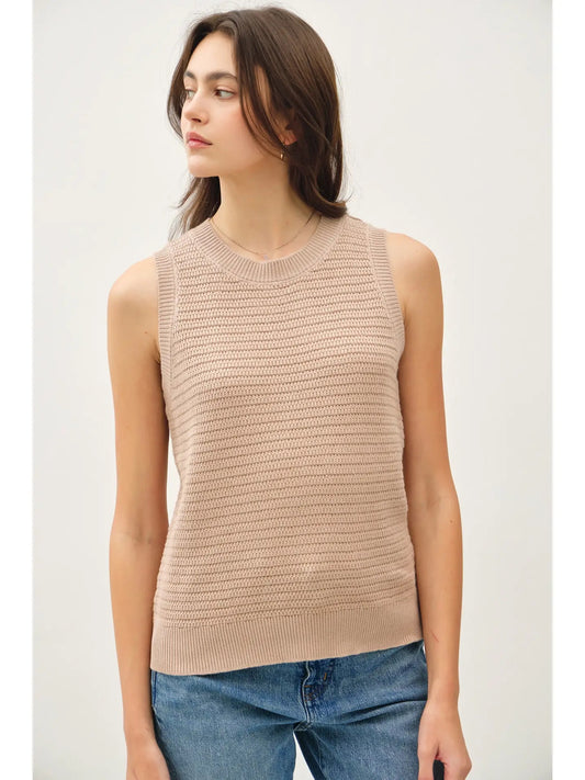 Taupe Round Neck Relaxed Fit Ribbed Sweater Tank