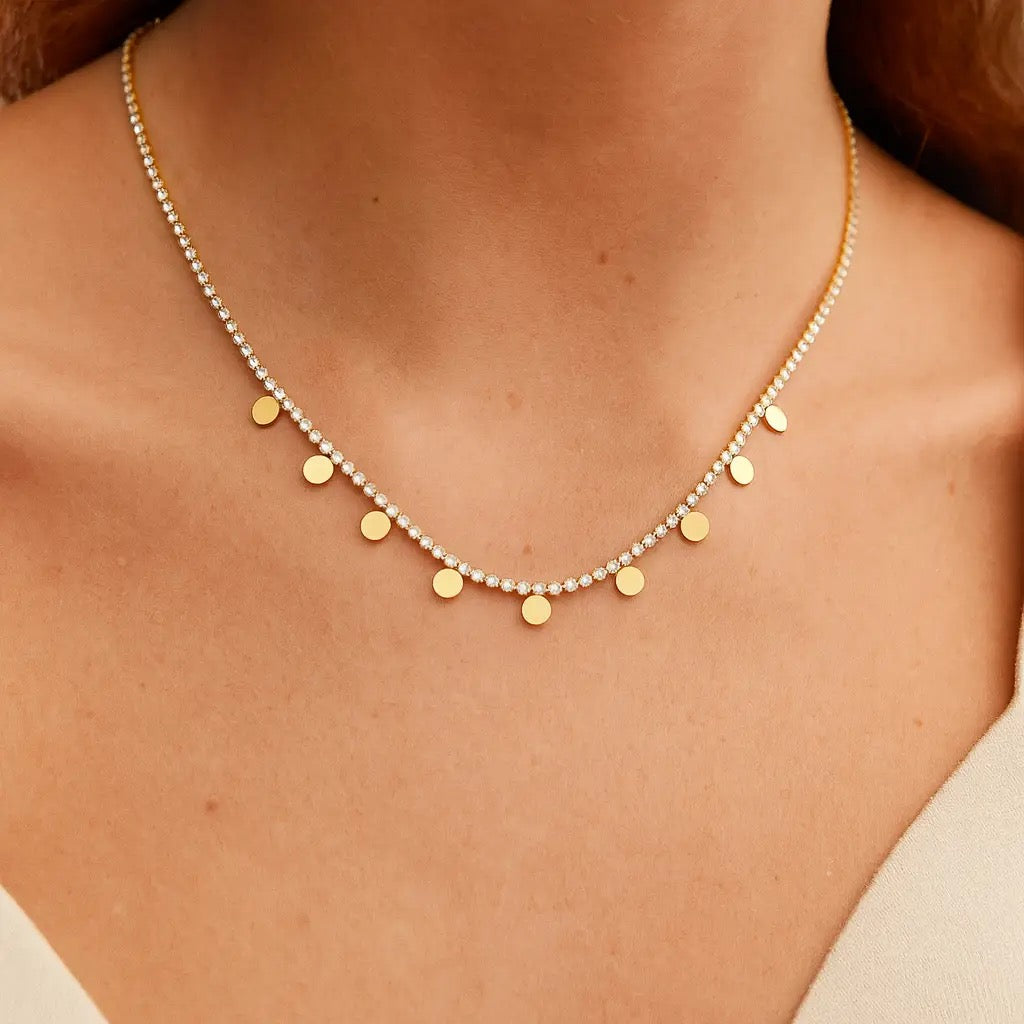 Tennis Necklace with Gold Discs