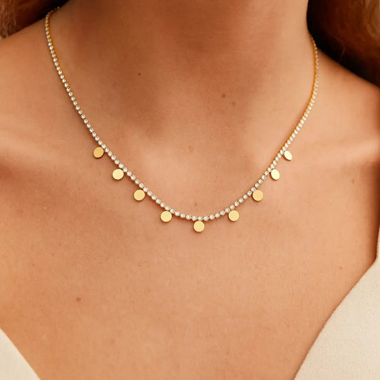 Tennis Necklace with Gold Discs