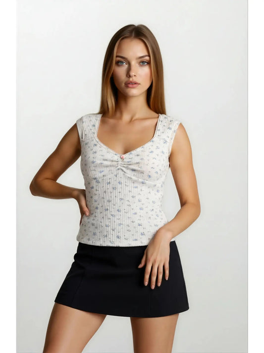 Floral Ribbed Sleeveless Sweetheart Neck Top