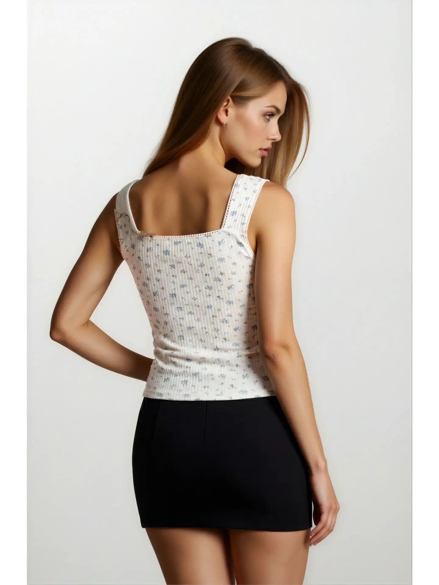 Floral Ribbed Sleeveless Sweetheart Neck Top