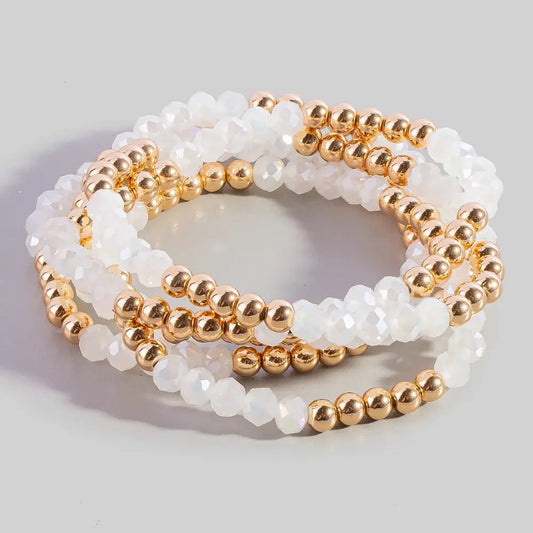 White & Gold Beaded Stretch Bracelet Set