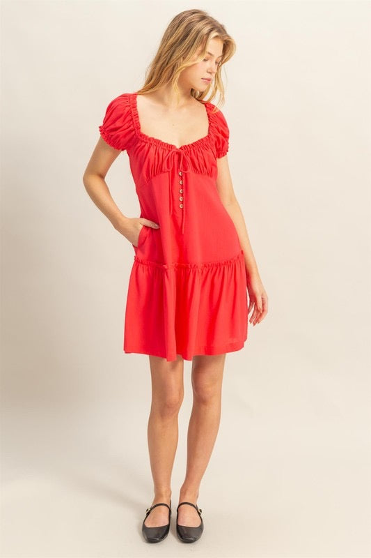 Ruched Short Sleeve Linen Mini Dress