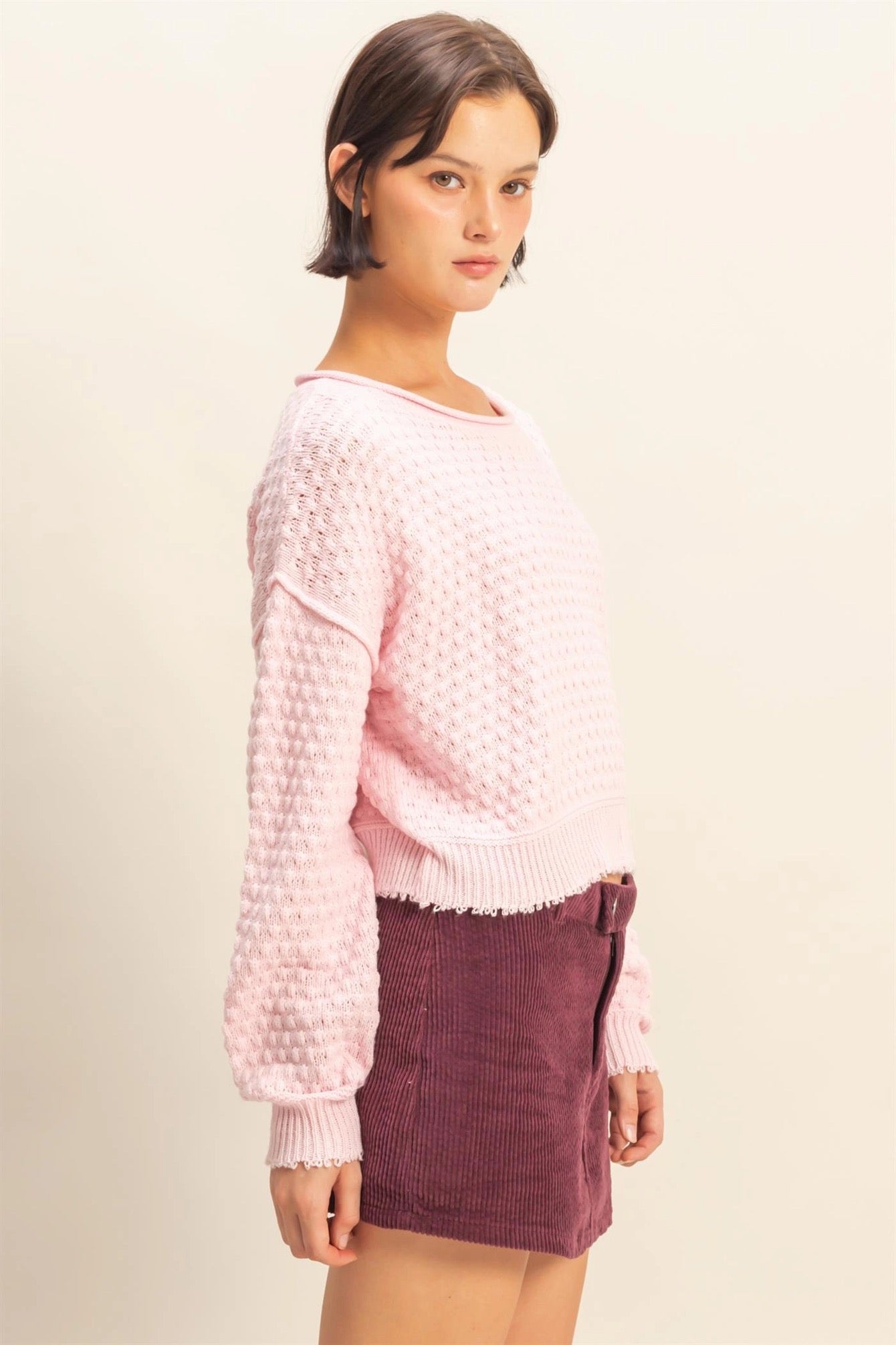 Pink Textured Round Neck Sweater
