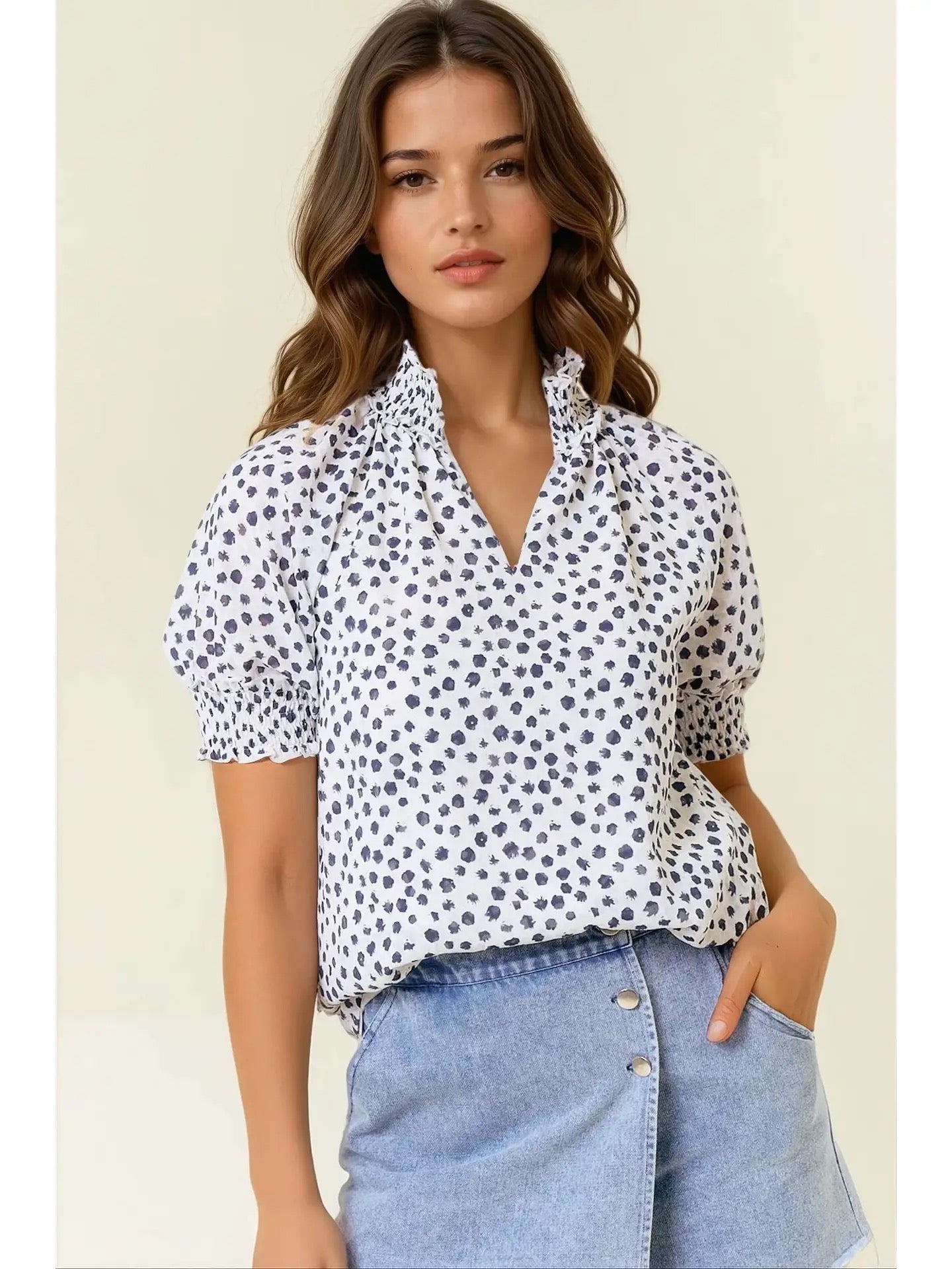 Jacquard Dot Print Short Sleeve Blouse