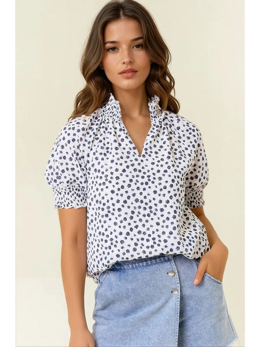 Jacquard Dot Print Short Sleeve Blouse