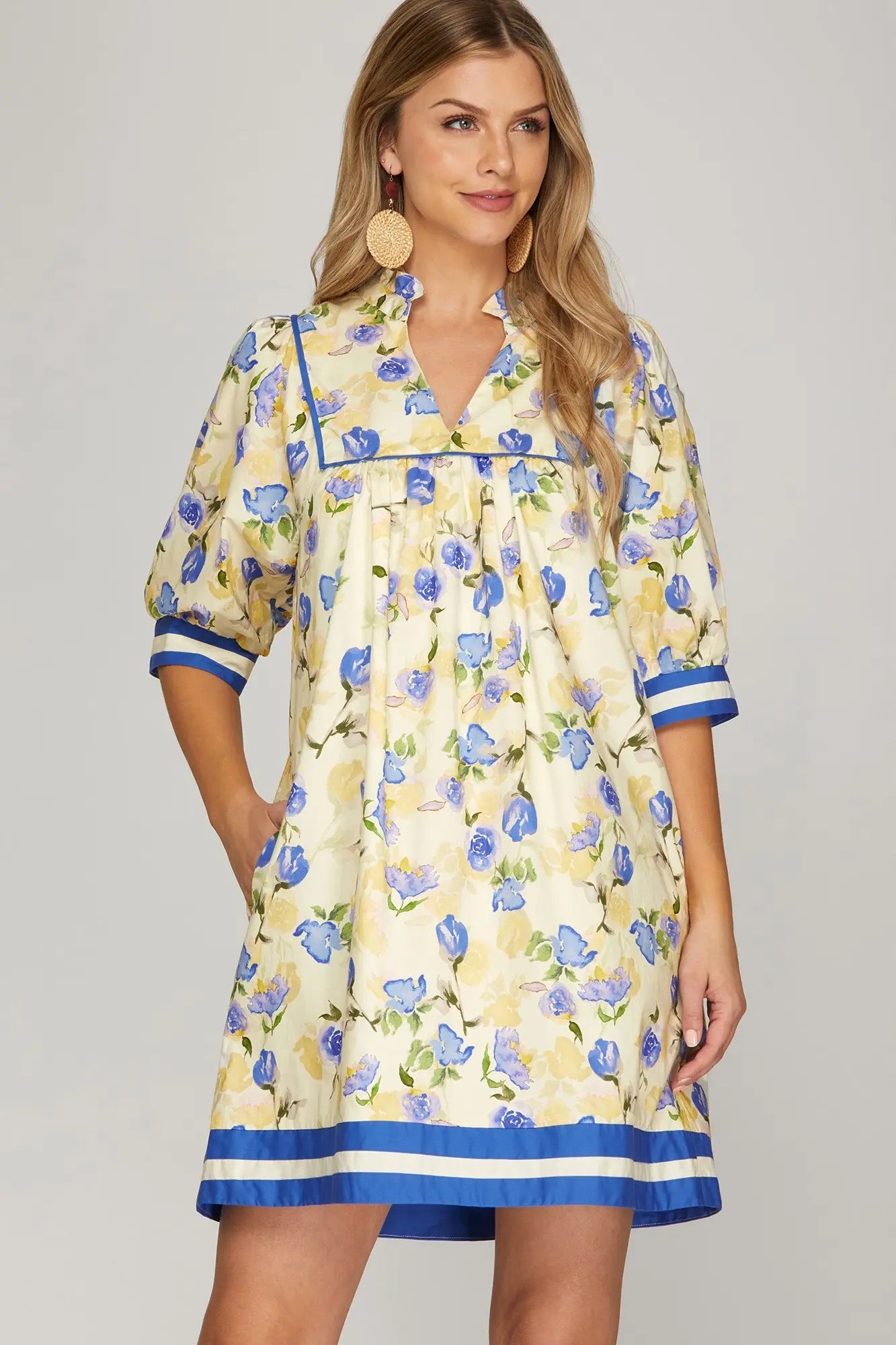 Yellow & Blue Floral Short Sleeve Midi Dress