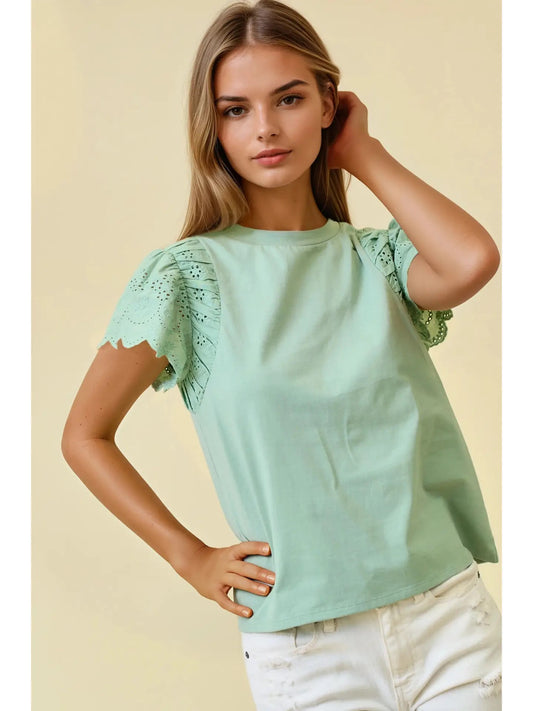 Sage Ruffled Eyelet Short Sleeve Top
