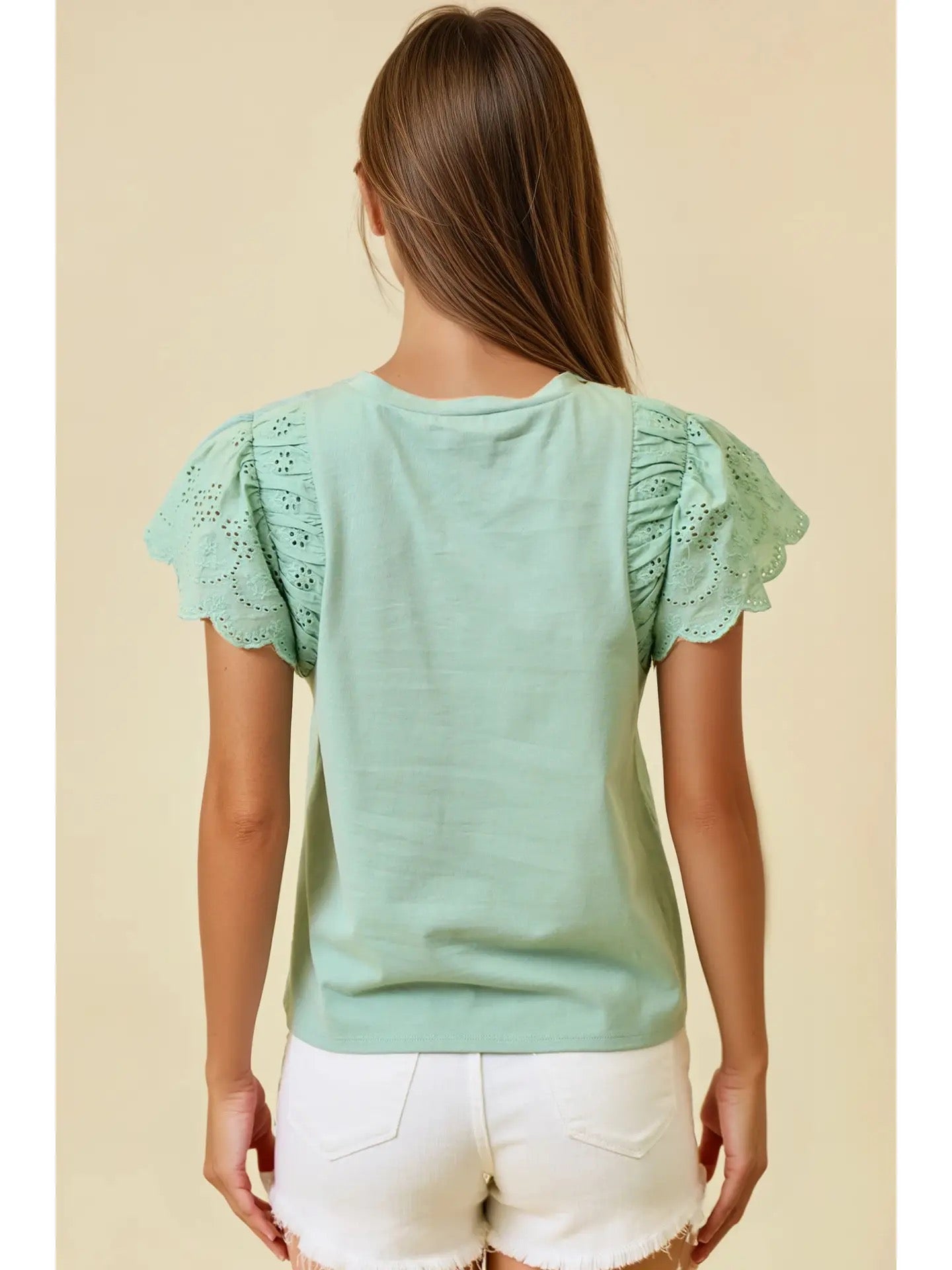 Sage Ruffled Eyelet Short Sleeve Top