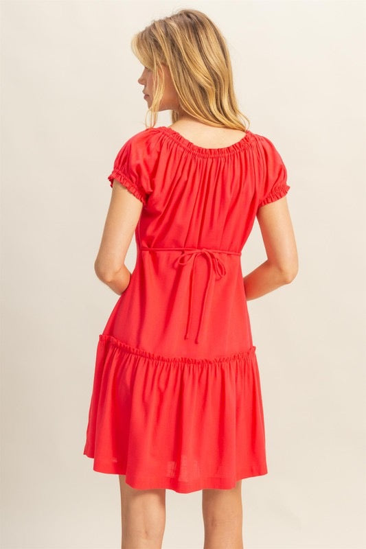 Ruched Short Sleeve Linen Mini Dress