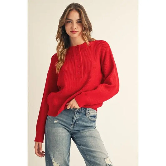 Red Button Up Sweater Top